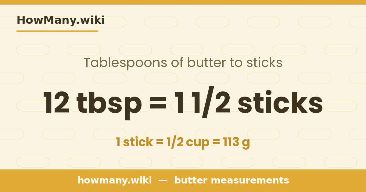12 tablespoons of butter = 1 1/2 sticks