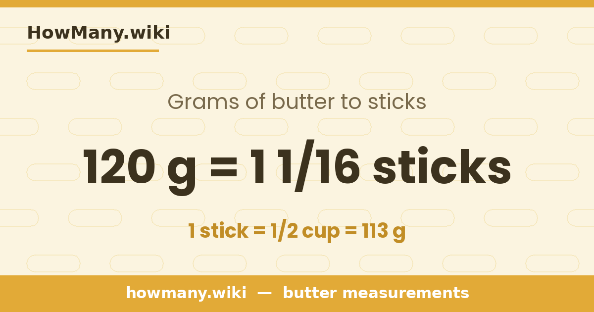 120 grams of butter = 1 1/16 sticks