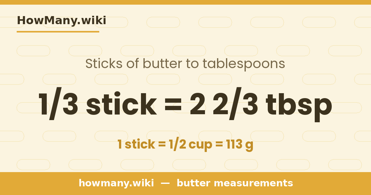 1/3 stick of butter = 2 2/3 tablespoons