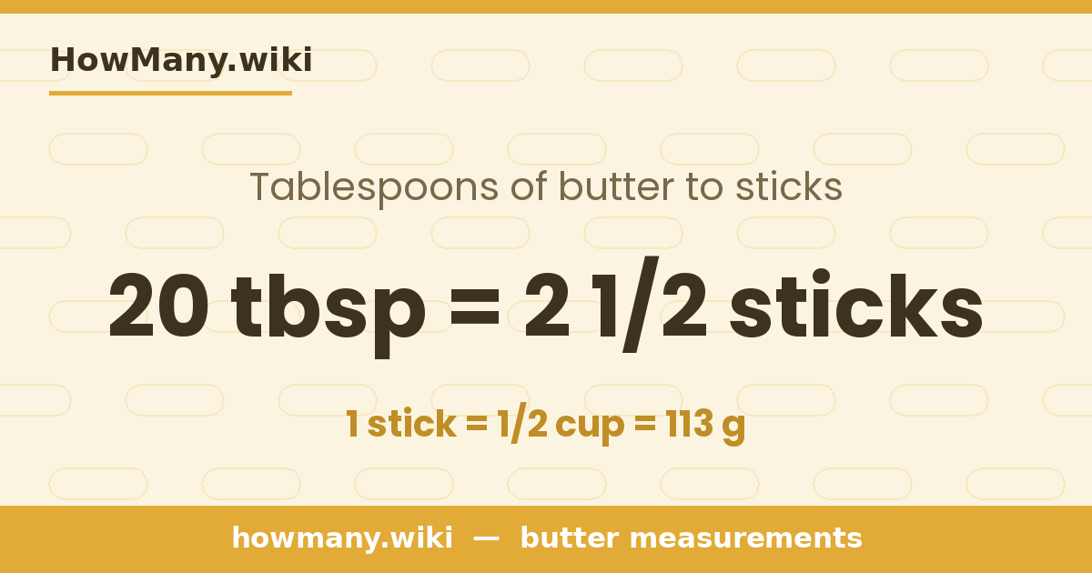 20 tablespoons of butter = 2 1/2 sticks