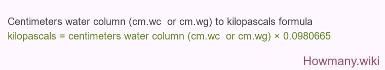 Centimeters water column (cm.wc or cm.wg) to kilopascals formula Centimeters water column (cm.wc or cm.wg) to kilopascals formula