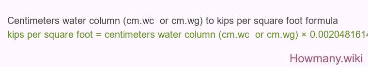 Centimeters water column (cm.wc  or cm.wg) to kips per square foot formula
