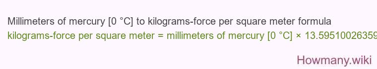 Millimeters of mercury [0 °C] to kilograms-force per square meter formula