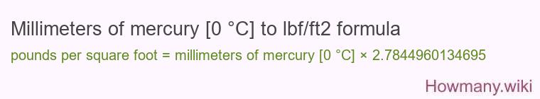 Millimeters of mercury [0 °C] to lbf/ft2 formula