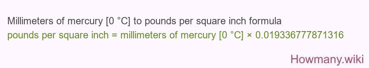 Millimeters of mercury [0 °C] to pounds per square inch formula