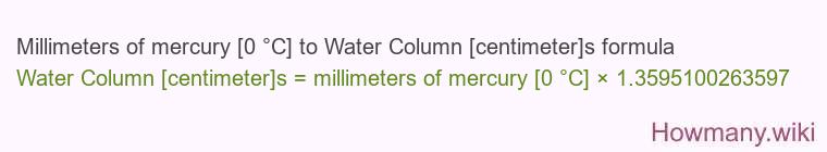 Millimeters of mercury [0 °C] to Water Column [centimeter]s formula