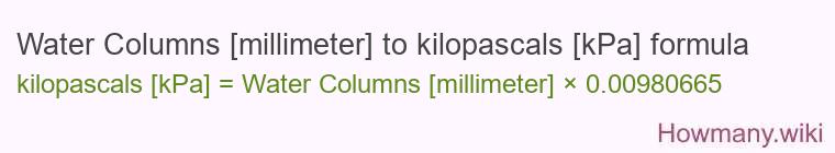 Water Columns [millimeter] to kilopascals [kPa] formula