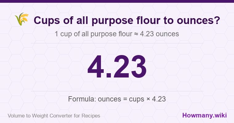How to convert cups of all purpose flour to ounces? 1 cup of all purpose flour ≈ 4.23 ounces.