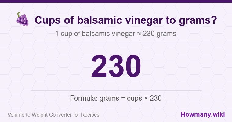 How to convert cups of balsamic vinegar to grams? How to convert cups of balsamic vinegar to grams? 1 cup of balsamic vinegar โ 230 grams.