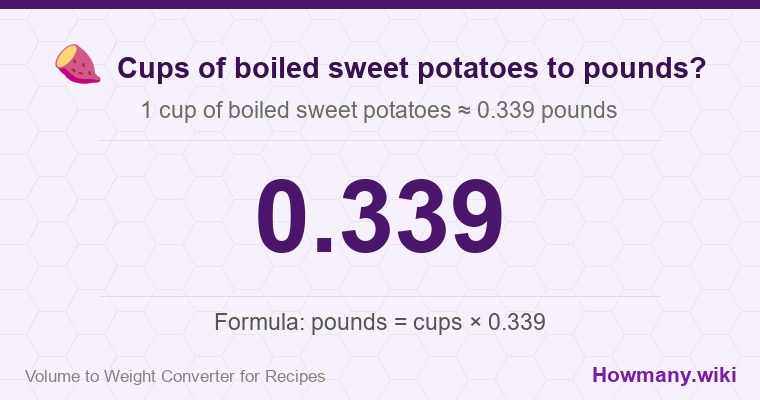 How to convert cups of boiled sweet potatoes to pounds? 1 cup of boiled sweet potatoes ≈ 0.339 pounds.