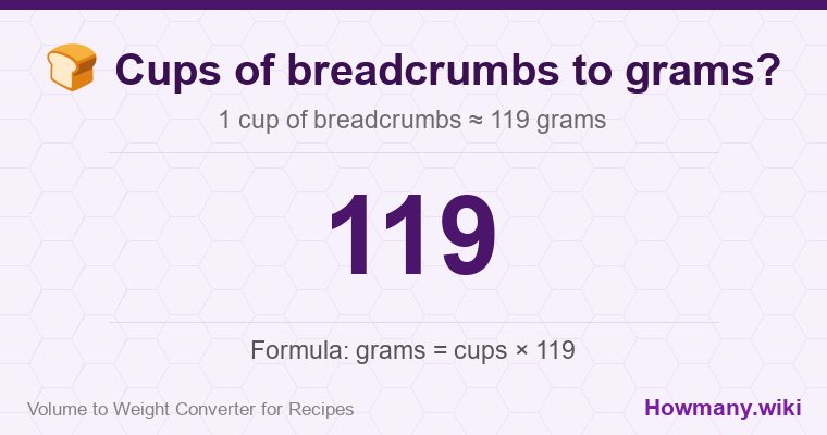 How to convert cups of breadcrumbs to grams? How to convert cups of breadcrumbs to grams? 1 cup of breadcrumbs โ 119 grams.
