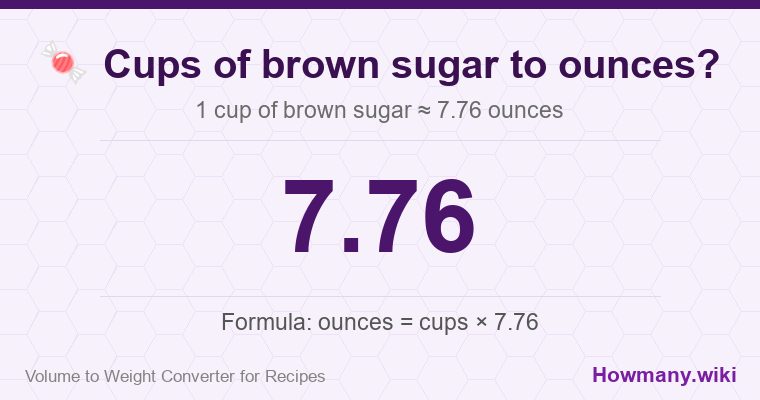 How to convert cups of brown sugar to ounces? 1 cup of brown sugar ≈ 7.76 ounces.