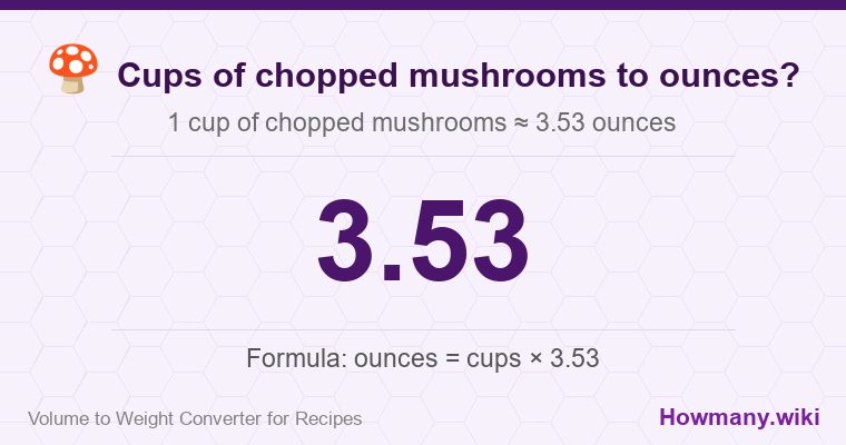 How to convert cups of chopped mushrooms to ounces? How to convert cups of chopped mushrooms to ounces? 1 cup of chopped mushrooms โ 3.53 ounces.