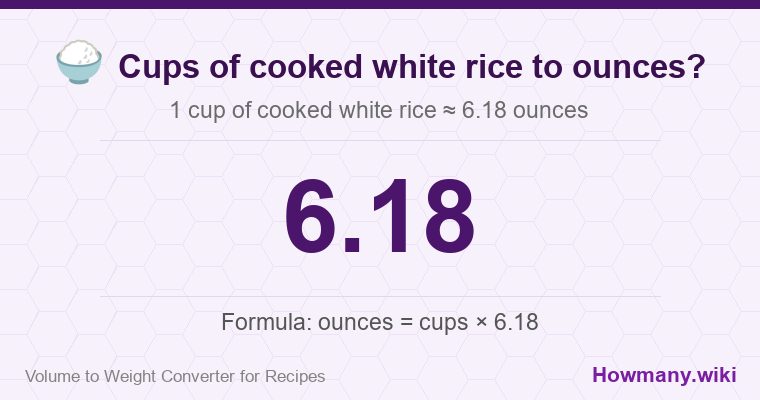How to convert cups of cooked white rice to ounces? 1 cup of cooked white rice ≈ 6.18 ounces.