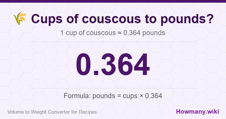How to convert cups of couscous to pounds? 1 cup of couscous ≈ 0.364 pounds.