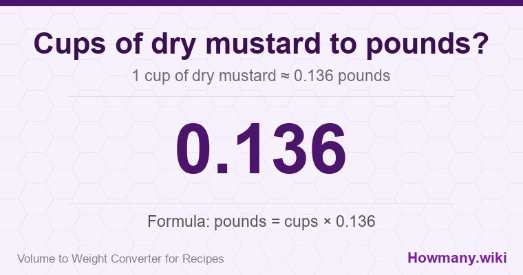 How to convert cups of dry mustard to pounds? 1 cup of dry mustard ≈ 0.136 pounds.