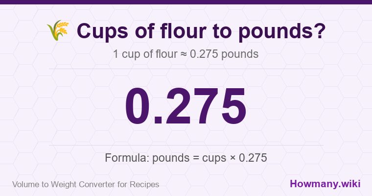 How to convert cups of flour to pounds? How to convert cups of flour to pounds? 1 cup of flour ≈ 0.275 pounds.