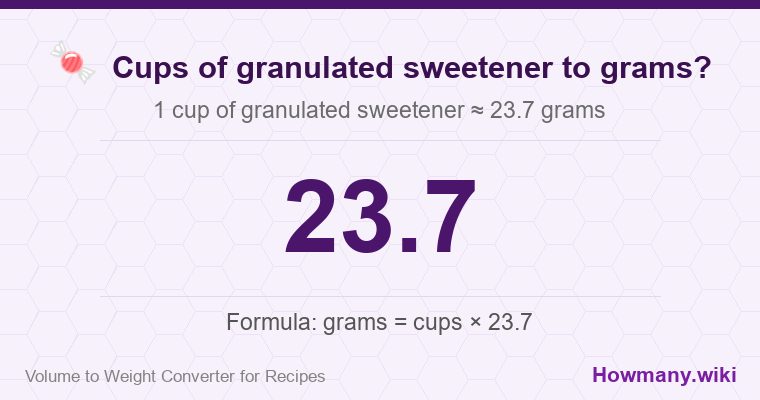 How to convert cups of granulated sweetener to grams? 1 cup of granulated sweetener ≈ 23.7 grams.