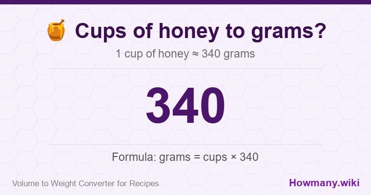 How to convert cups of honey to grams? How to convert cups of honey to grams? 1 cup of honey ≈ 340 grams.