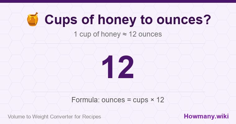 How to convert cups of honey to ounces? How to convert cups of honey to ounces? 1 cup of honey ≈ 12 ounces.