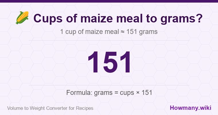 How to convert cups of maize meal to grams? 1 cup of maize meal ≈ 151 grams.