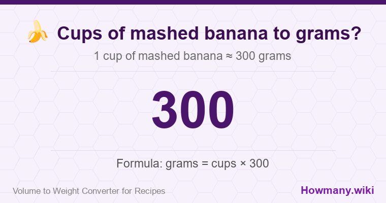 How to convert cups of mashed banana to grams? 1 cup of mashed banana ≈ 300 grams.
