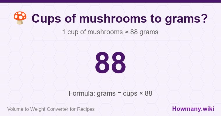 How to convert cups of mushrooms to grams? How to convert cups of mushrooms to grams? 1 cup of mushrooms โ 88 grams.