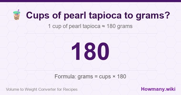 How to convert cups of pearl tapioca to grams? 1 cup of pearl tapioca ≈ 180 grams.