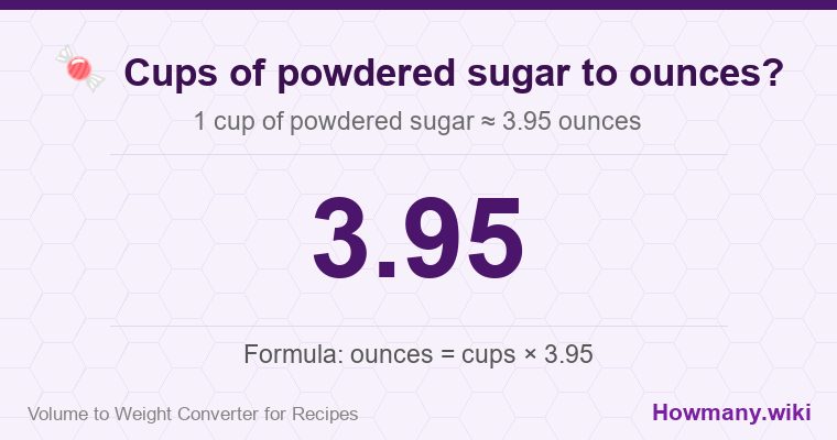 How to convert cups of powdered sugar to ounces? How to convert cups of powdered sugar to ounces? 1 cup of powdered sugar ≈ 3.95 ounces.