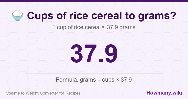 How to convert cups of rice cereal to grams? 1 cup of rice cereal ≈ 37.9 grams.