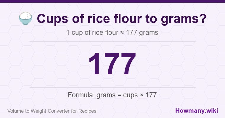 How to convert cups of rice flour to grams? 1 cup of rice flour ≈ 177 grams.