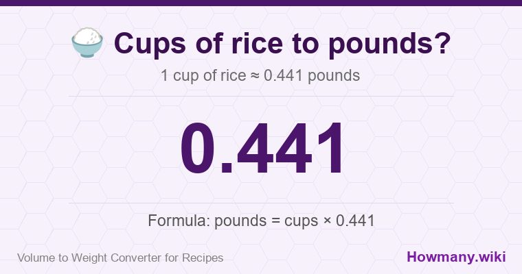 How to convert cups of rice to pounds? How to convert cups of rice to pounds? 1 cup of rice โ 0.441 pounds.