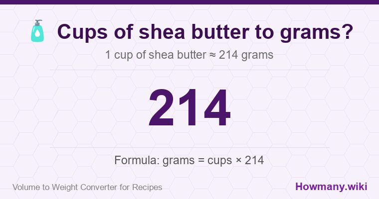 How to convert cups of shea butter to grams? 1 cup of shea butter ≈ 214 grams.
