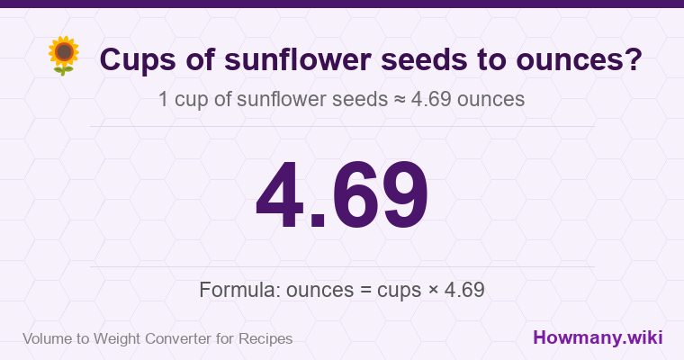 How to convert cups of sunflower seeds to ounces? How to convert cups of sunflower seeds to ounces? 1 cup of sunflower seeds ≈ 4.69 ounces.