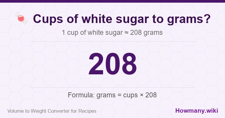 How to convert cups of white sugar to grams? How to convert cups of white sugar to grams? 1 cup of white sugar ≈ 208 grams.