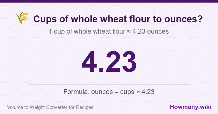 How to convert cups of whole wheat flour to ounces? 1 cup of whole wheat flour ≈ 4.23 ounces.