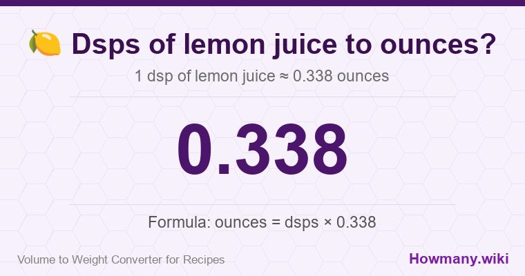 How to convert dsps of lemon juice to ounces? 1 dsp of lemon juice ≈ 0.338 ounces.