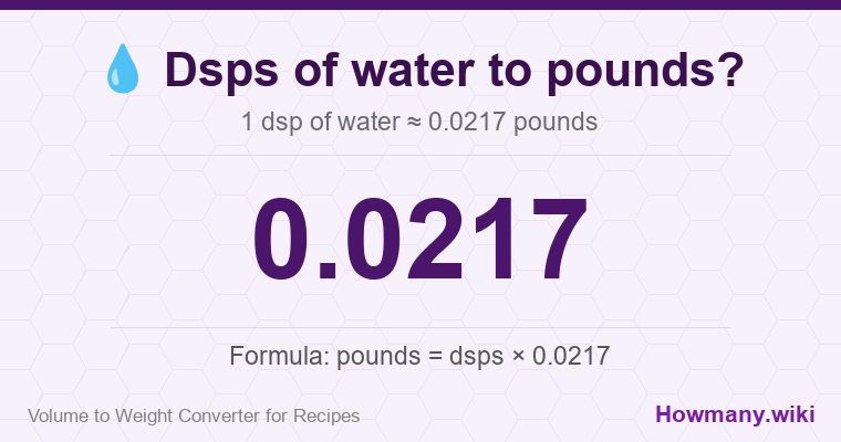 How to convert dsps of water to pounds? How to convert dsps of water to pounds? 1 dsp of water ≈ 0.0217 pounds.