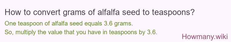 How to convert grams of alfalfa seed to teaspoons? How to convert grams of alfalfa seed to teaspoons?