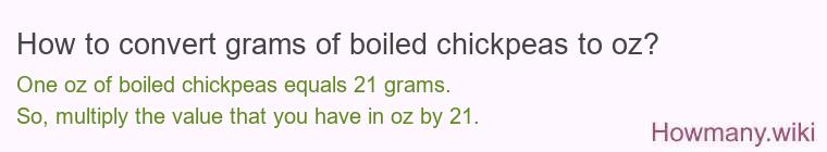 How to convert grams of boiled chickpeas to oz? How to convert grams of boiled chickpeas to oz?
