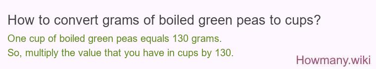 How to convert grams of boiled green peas to cups? How to convert grams of boiled green peas to cups?