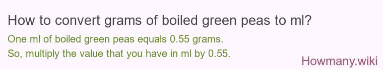 How to convert grams of boiled green peas to ml? How to convert grams of boiled green peas to ml?