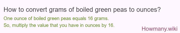 How to convert grams of boiled green peas to ounces?