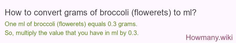 How to convert grams of broccoli (flowerets) to ml? How to convert grams of broccoli (flowerets) to ml?