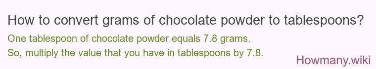 How to convert grams of chocolate, powder to tablespoons? How to convert grams of chocolate, powder to tablespoons?