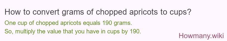 How to convert grams of chopped apricots to cups? How to convert grams of chopped apricots to cups?