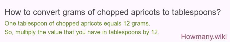 How to convert grams of chopped apricots to tablespoons? How to convert grams of chopped apricots to tablespoons?