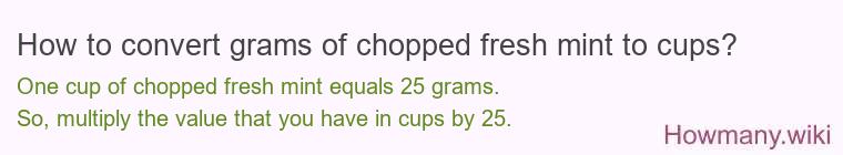 How to convert grams of chopped fresh mint to cups? How to convert grams of chopped fresh mint to cups?