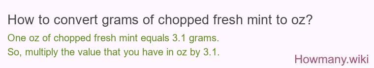 How to convert grams of chopped fresh mint to oz? How to convert grams of chopped fresh mint to oz?