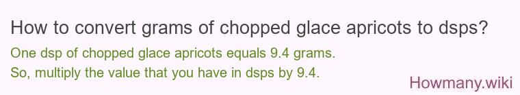 How to convert grams of chopped glace apricots to dsps? How to convert grams of chopped glace apricots to dsps?